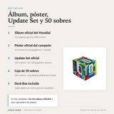 Qué incluye: álbum, póster con 30 cromos, Update Set de 120 cromos, caja de 50 sobres y deck box