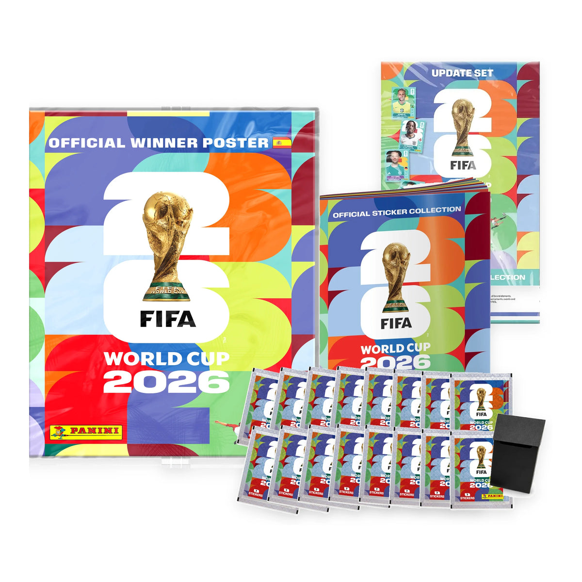 Pack coleccionista con álbum, póster del campeón, Update Set, 16 sobres Panini World Cup 2026 y deck box