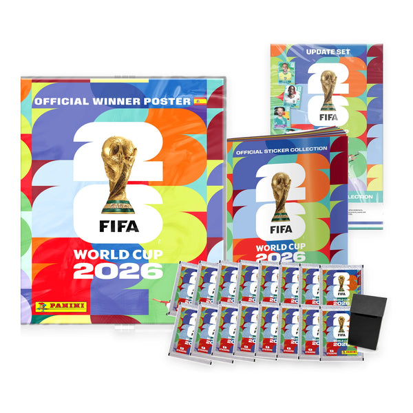 Pack coleccionista con álbum, póster del campeón, Update Set, 16 sobres Panini World Cup 2026 y deck box