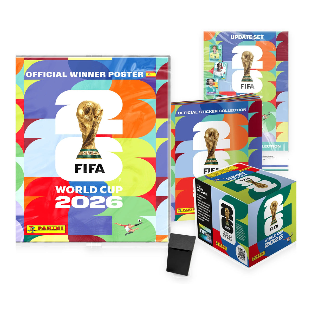 Pack coleccionista con álbum, póster del campeón, Update Set, caja de 50 sobres Panini World Cup 2026 y deck box