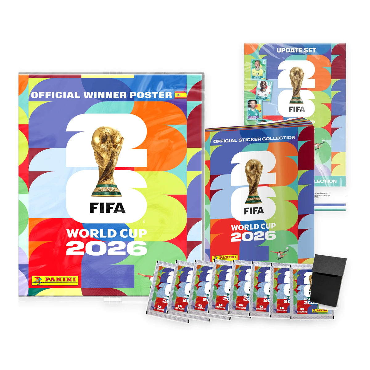 Pack coleccionista con álbum, póster del campeón, Update Set, 8 sobres Panini World Cup 2026 y deck box