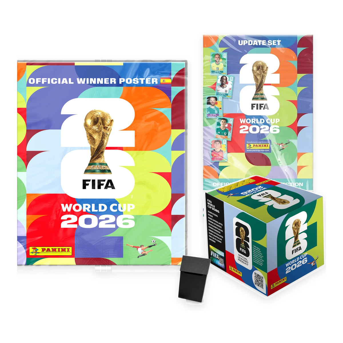 Pack coleccionista sin álbum: póster del campeón, Update Set, caja de 50 sobres Panini World Cup 2026 y deck box