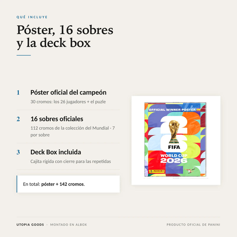 Qué incluye: póster con 30 cromos, 16 sobres y deck box