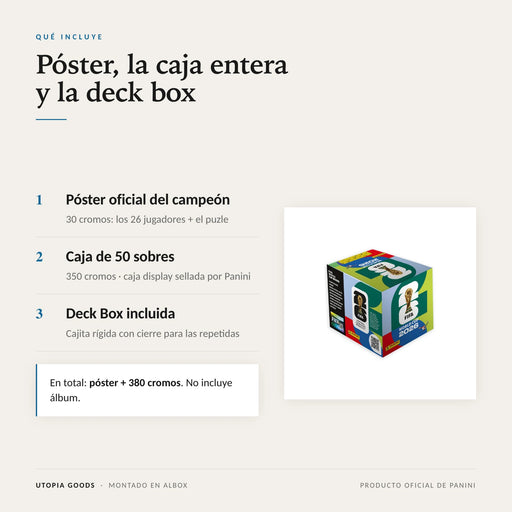 Qué incluye: póster con 30 cromos, caja de 50 sobres y deck box
