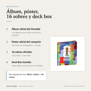Qué incluye: álbum oficial, póster con 30 cromos, 16 sobres y deck box