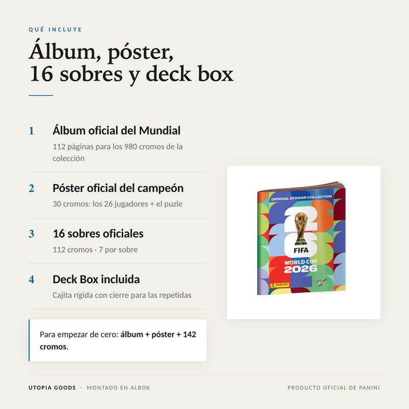 Qué incluye: álbum oficial, póster con 30 cromos, 16 sobres y deck box