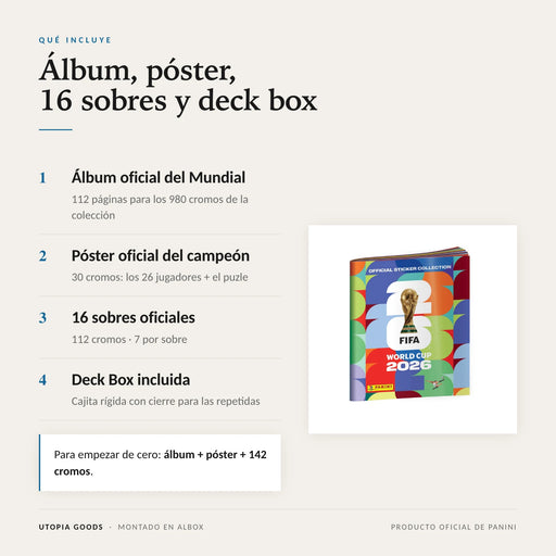 Qué incluye: álbum oficial, póster con 30 cromos, 16 sobres y deck box
