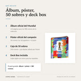 Qué incluye: álbum oficial, póster con 30 cromos, caja de 50 sobres y deck box