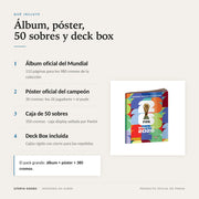 Qué incluye: álbum oficial, póster con 30 cromos, caja de 50 sobres y deck box