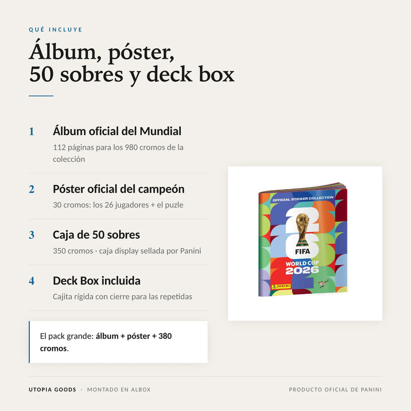 Qué incluye: álbum oficial, póster con 30 cromos, caja de 50 sobres y deck box