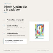 Qué incluye: póster con 30 cromos, Update Set de 120 cromos y deck box