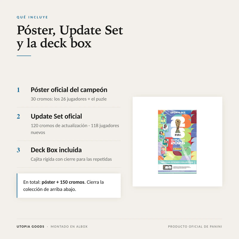 Qué incluye: póster con 30 cromos, Update Set de 120 cromos y deck box