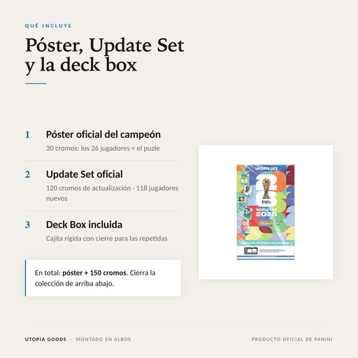 Qué incluye: póster con 30 cromos, Update Set de 120 cromos y deck box