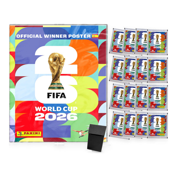 Pack con el póster oficial del campeón, 16 sobres Panini World Cup 2026 y deck box