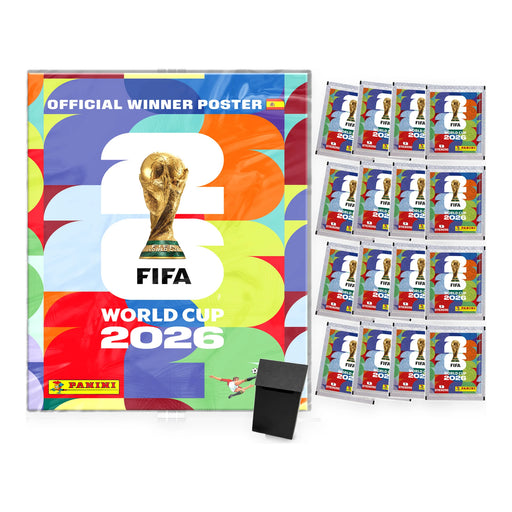 Pack con el póster oficial del campeón, 16 sobres Panini World Cup 2026 y deck box