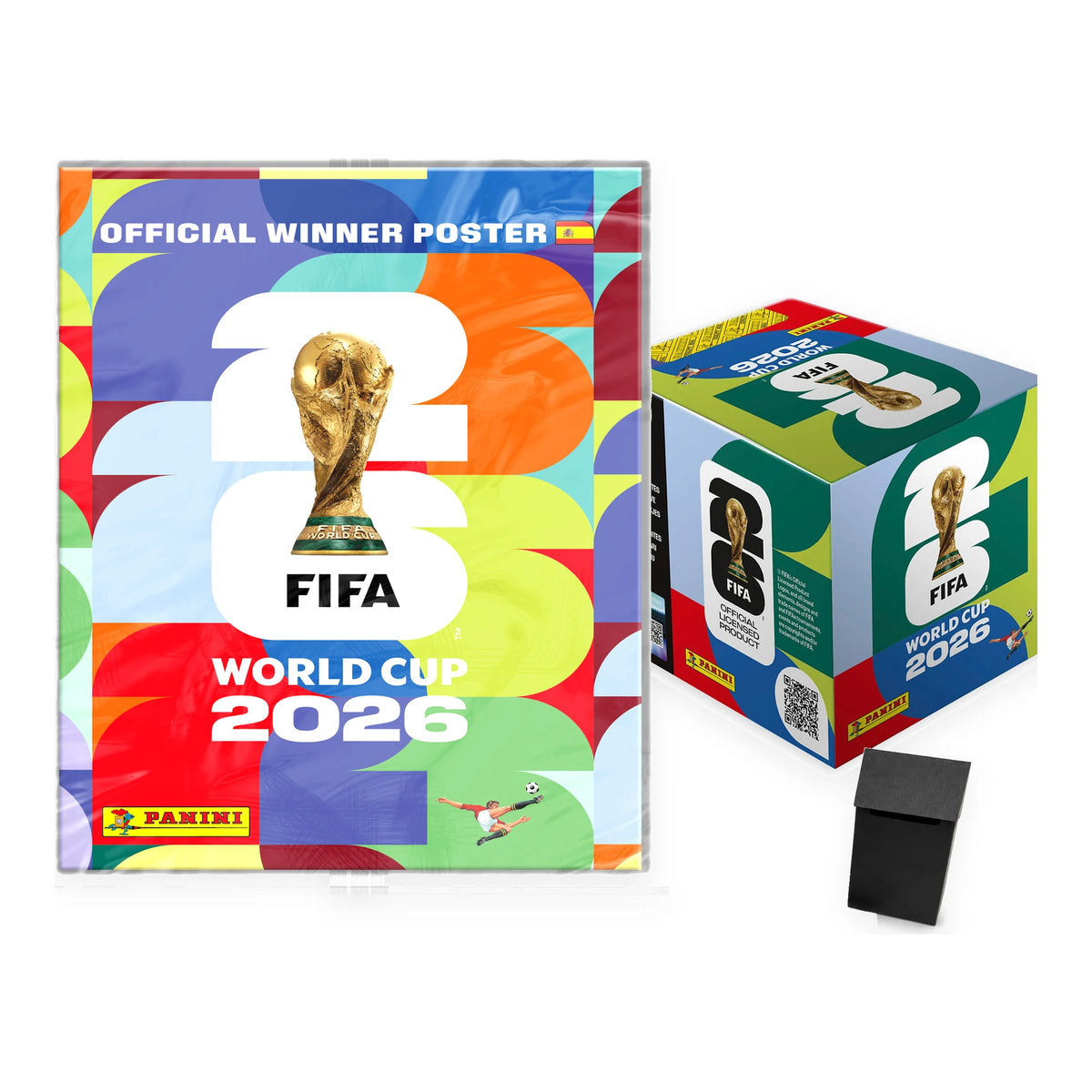 Pack con el póster oficial del campeón, caja de 50 sobres Panini World Cup 2026 y deck box