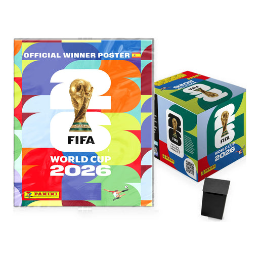 Pack con el póster oficial del campeón, caja de 50 sobres Panini World Cup 2026 y deck box