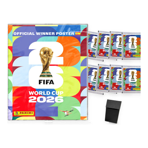 Pack con el póster oficial del campeón, 8 sobres Panini World Cup 2026 y deck box