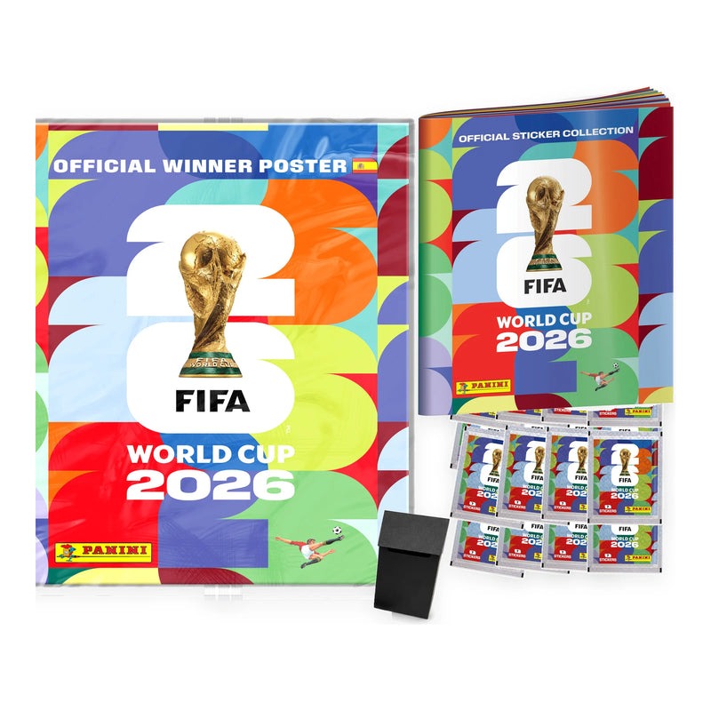 Pack con álbum oficial, póster del campeón, 16 sobres Panini World Cup 2026 y deck box
