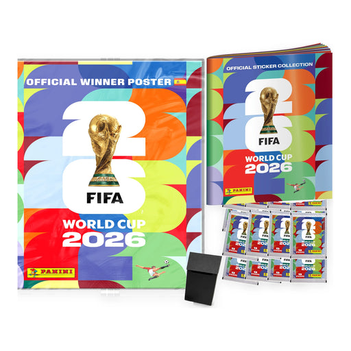 Pack con álbum oficial, póster del campeón, 16 sobres Panini World Cup 2026 y deck box