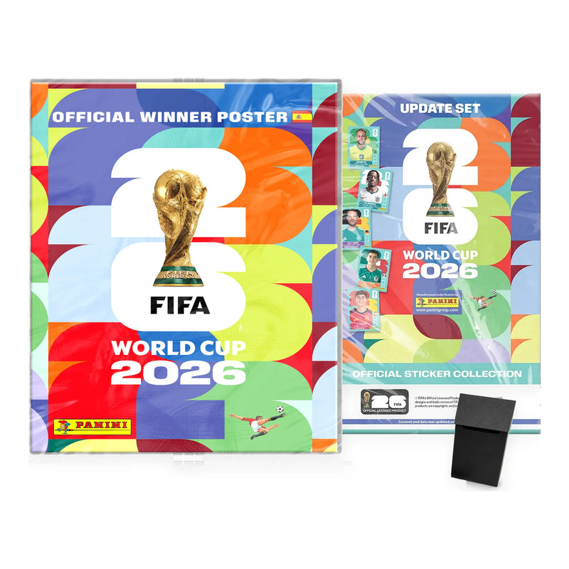 Pack con el póster oficial del campeón, Update Set Panini World Cup 2026 y deck box