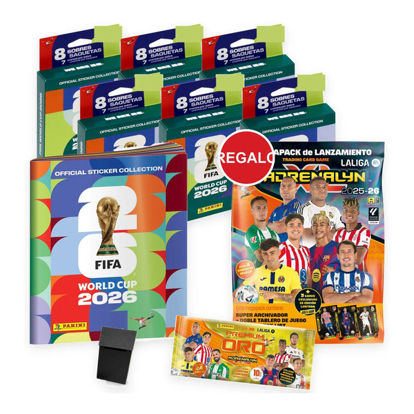 Pack con álbum y 6 ecoblísters Panini World Cup 2026, deck box, y Megapack y sobre Premium Oro Adrenalyn XL LaLiga 2025/26 de regalo