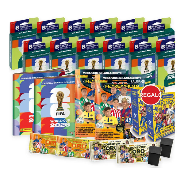 Pack dúo con 2 álbumes y 12 ecoblísters Panini World Cup 2026, 2 deck box, y 2 Megapacks, 2 Dream Box, 2 sobres Premium Oro y 2 Momentum Oro Adrenalyn XL LaLiga 2025/26 de regalo
