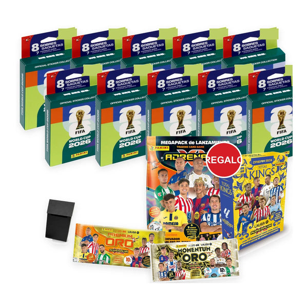 Pack de 10 ecoblísters Panini World Cup 2026, deck box, y Megapack, Dream Box, sobre Premium Oro y sobre Momentum Oro Adrenalyn XL LaLiga 2025/26 de regalo