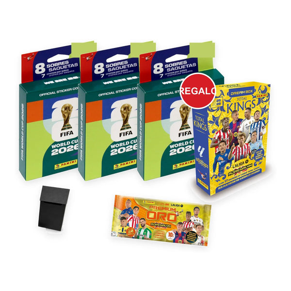 Pack de 3 ecoblísters Panini World Cup 2026, deck box, y Dream Box Total Kings y sobre Premium Oro Adrenalyn XL LaLiga 2025/26 de regalo