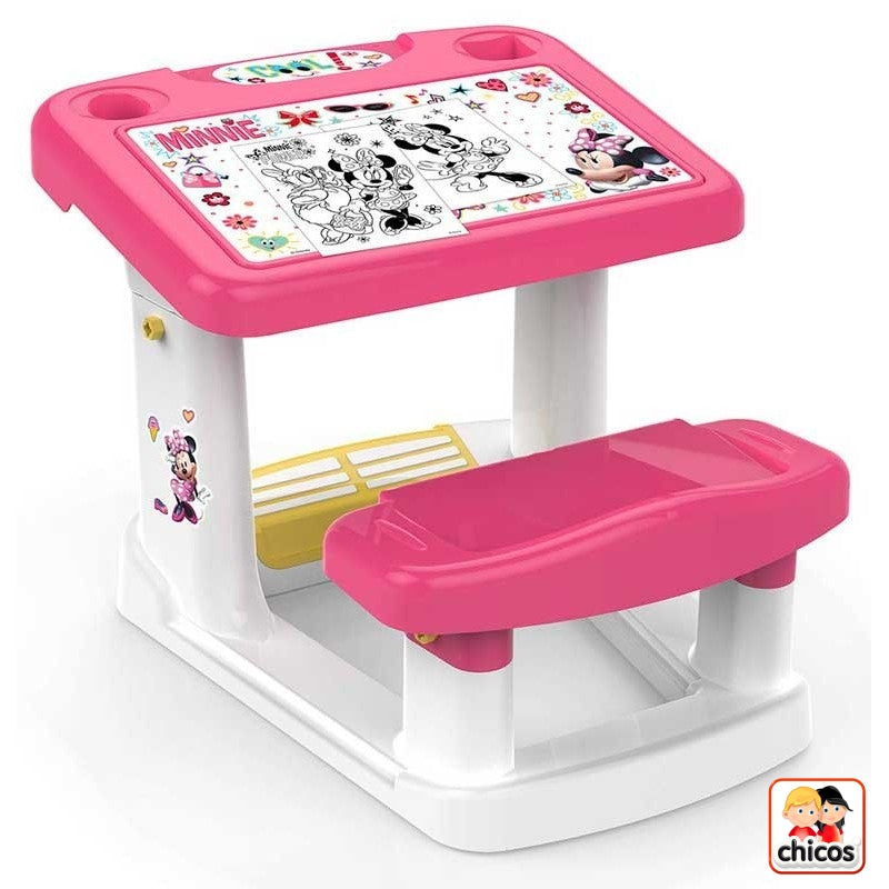 Detalle del pupitre Minnie con compartimentos de almacenamiento.
