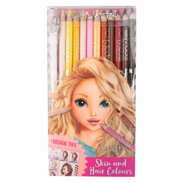 Set de 12 lápices de colores TOPModel para tonos de piel y cabello en estuche decorado.
