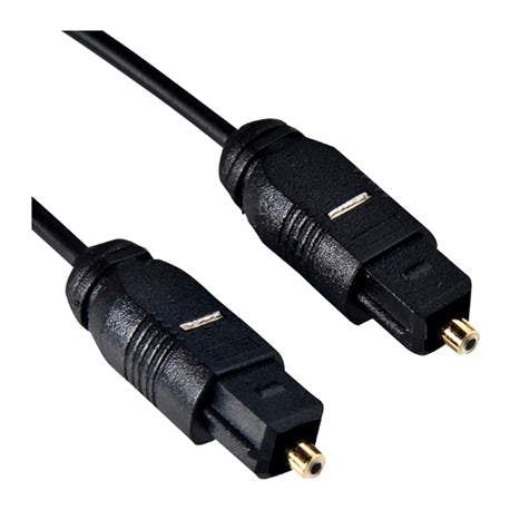 Cable óptico Acoustic Control TSK009 de 1 m, primer plano de sus dos conectores Toslink negros
