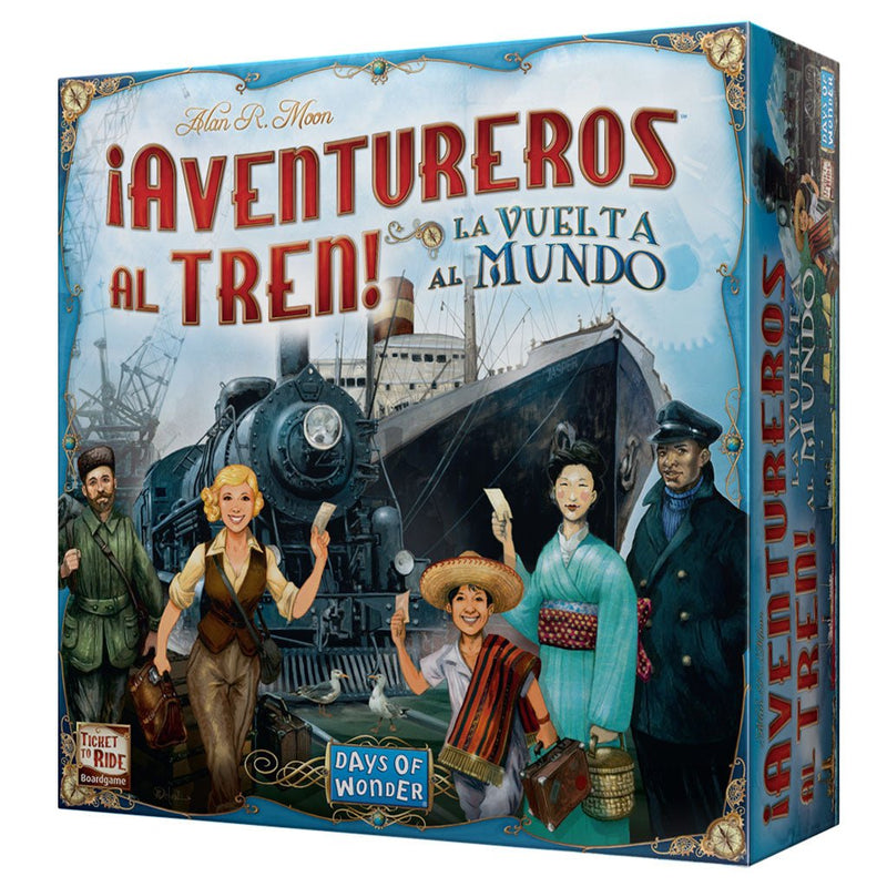 Caja del juego Aventureros al Tren: La Vuelta al Mundo con su tablero doble cara.

