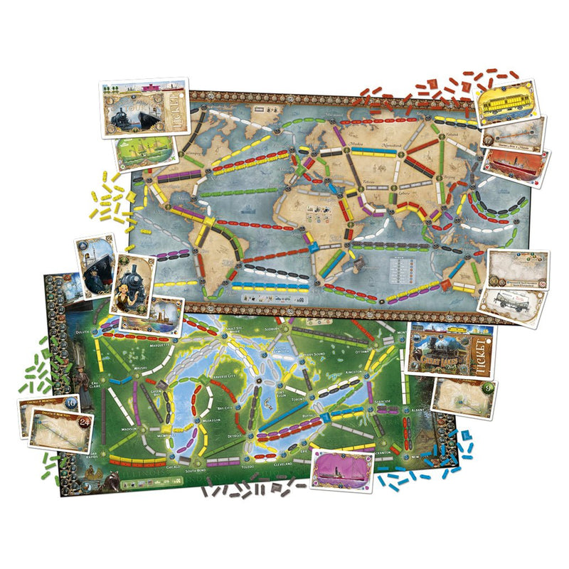 Detalle del tablero de Aventureros al Tren con rutas de tren y barco en todo el mundo.
