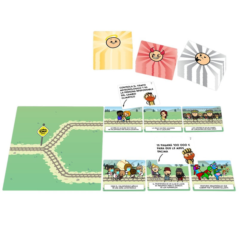 Expansión Tranvía Mortal Vías Sombrías mostrando componentes del juego: cartas de acción, destinos adicionales y manual en español
