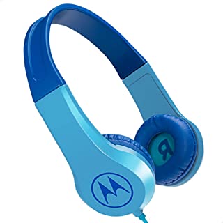 Motorola Squads 300 blue wired headphones with headband, side view on a white background