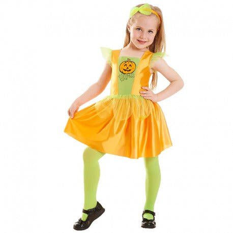 Disfraz de calabaza para niña Rubies: vestido naranja y verde con diadema, puesto por una niña de frente