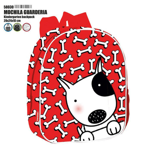 Sac à dos maternelle Dogs 58030 rouge à motif d'os et chiot blanc avec tache noire, vu de face