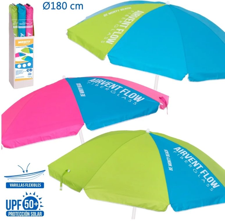 Monty Sombrilla Varillas de fibra Acero Nylon UPF+50 3 Colores 180cm (130538)
