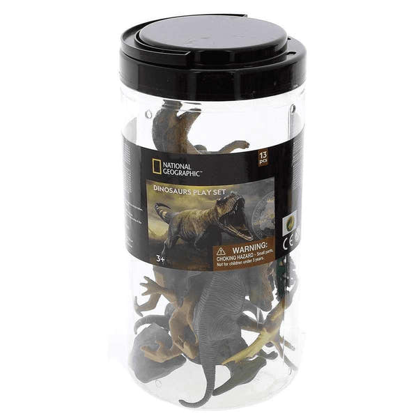 Seau National Geographic de 13 dinosaures NCD01004, pot transparent à couvercle noir avec figurines