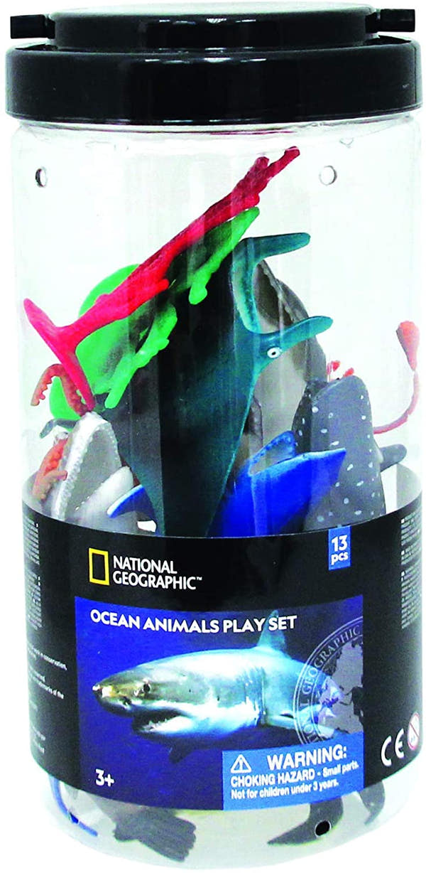 National Geographic Ocean Animals 13-piece bucket: clear tub with black lid holding sea animal figures