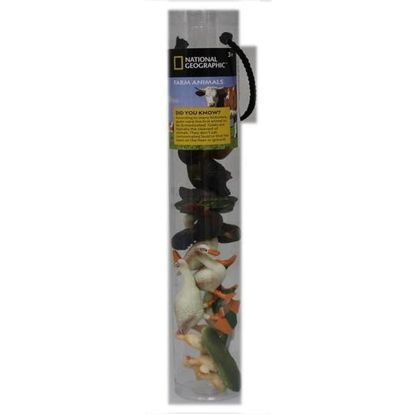 National Geographic Farm Animals clear tube with toy figures of ducks and other animals inside