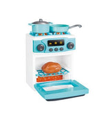 Toy Planet Mint toy cooker and oven with pot, frying pan and toy chicken in the open oven