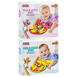 Boxes of the Toy Planet activity pillow in pink and blue showing a baby playing on its tummy