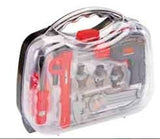 Toy Planet clear toy tool case with red and grey tools inside